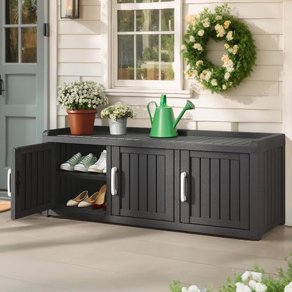 NUNU LAB Resin Shoe Cabinet,Waterproof Shoe Storage Cabinet with Adjustable Shelves,Entryway Storage Bench with Seat,Shoe Bench with Doors for Foyer,Hallway,Living Room (Black, 3-Door)