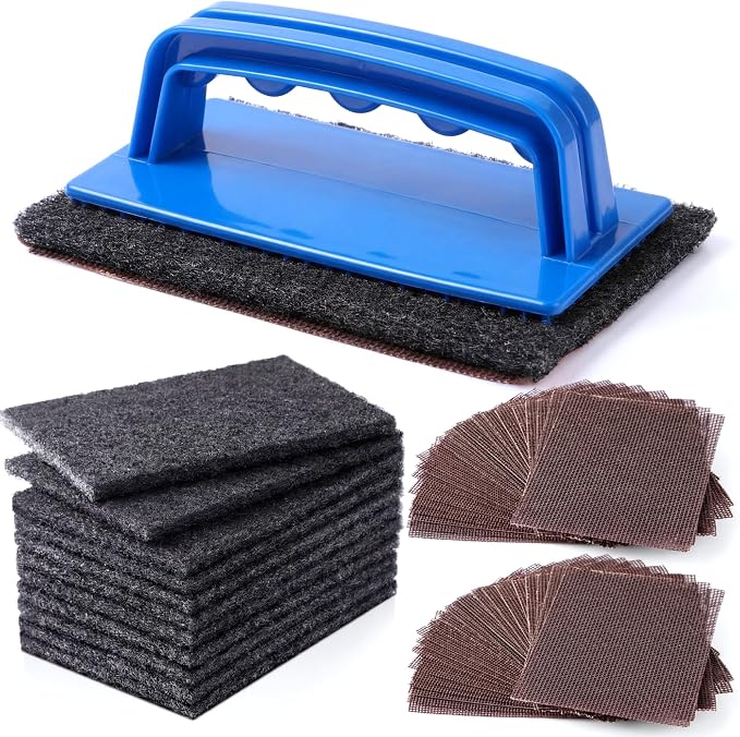 Reallnaive 31 Pcs Griddle Cleaning Kit for Flat Top Grill,Blue | Screen Holder, Grill Screens Cleaning Pads, Heavy Duty Abrasive Mesh Pads for Cast Iron, Stainless Steel Griddle Cleaner