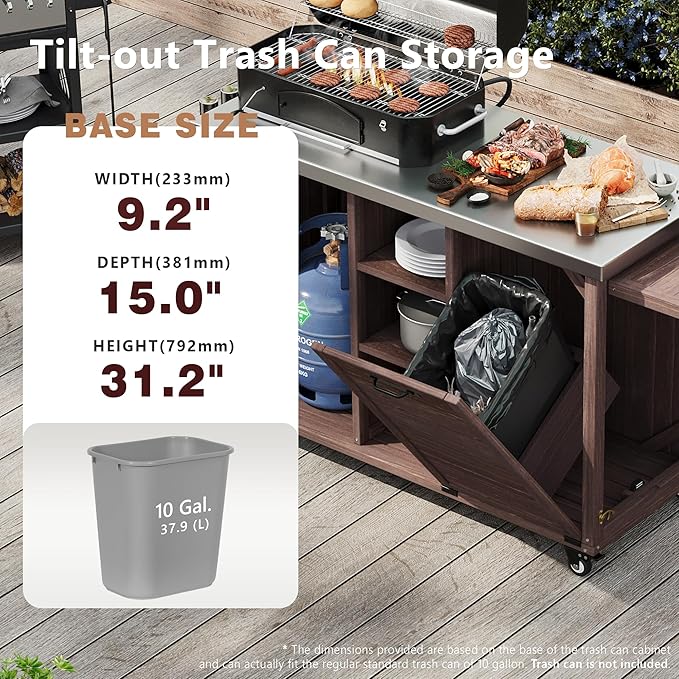 78.3" Outdoor Kitchen Island with Foldable Grill Table, Wooden Outdoor Grill Cart with Trash Can Storage & Stainless Steel Top, Outdoor Bar Cart, Pizza Oven Table for Lawn & Garden (Dark Brown@76)