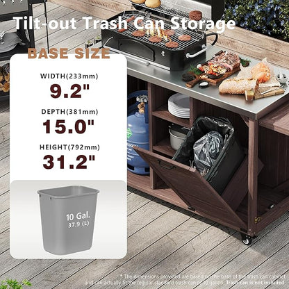 78.3" Outdoor Kitchen Island with Foldable Grill Table, Wooden Outdoor Grill Cart with Trash Can Storage & Stainless Steel Top, Outdoor Bar Cart, Pizza Oven Table for Lawn & Garden (Dark Brown@76)
