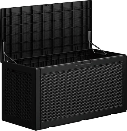 Outdoor Storage Box, 110 Gallon Resin Deck Box Waterproof for Patio Furniture, Garden Tools and Pool Accessories, Lockable UV-Resistant Storage Bin Bench Cabinet for Outside, Black