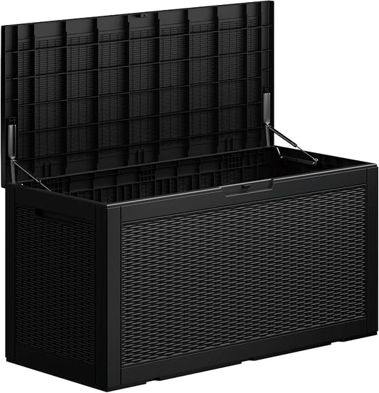 Outdoor Storage Box, 110 Gallon Resin Deck Box Waterproof for Patio Furniture, Garden Tools and Pool Accessories, Lockable UV-Resistant Storage Bin Bench Cabinet for Outside, Black