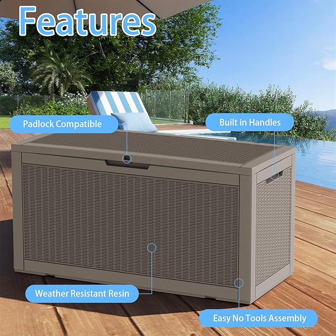Pepe Tee Waterproof Resin Deck Box, Outdoor Storage Bin for Patio Furniture Cushions, All-Weather Garden Organizer & Seating Bench, Coffee