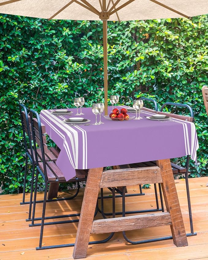 Farmhouse Outdoor Tablecloth with Umbrella Hole, Purple White Stripe Rectangle Tables Zippered Table Cloth Waterproof Tabletop Table Cover Collection for Patio, Garden, Picnic, Camping, Dining