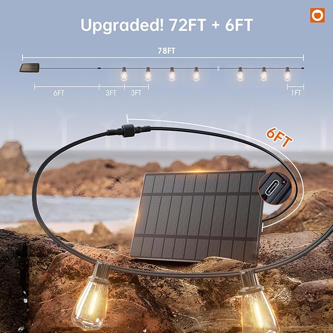 addlon 78FT(72+6) Solar String Lights Outdoor, Waterproof Solar Powered Outside Lights with Remote & USB Port, ST38 LED Shatterproof Bulbs, Dimmable Solar Light for Camping Backyard Porch