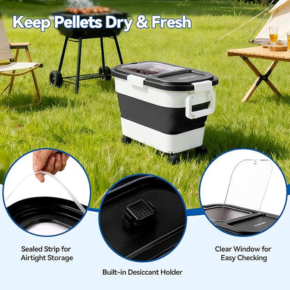 Wood Pellet Storage Container 20-25lbs, Airtight Bin with Locking Lid & Clear Window, Collapsible Pellet Bucket with Wheels, Scoop & Labels, Black & White