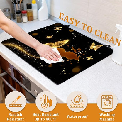 Stove Top Covers for Electric Stove,Glowing Butterfly Flat Top Stove Cover,Dark Color Heat Resistant Glass Top Stove Cover Protector Anti-Slip Range Covers, 28 x 20 Inch