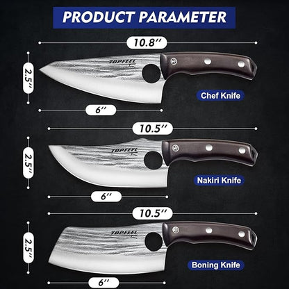 Topfeel 3PCS Butcher Knife Set Hand Forged chef knife Boning Knife, High Carbon Steel Meat Cutting Knives for Kitchen Camping BBQ…