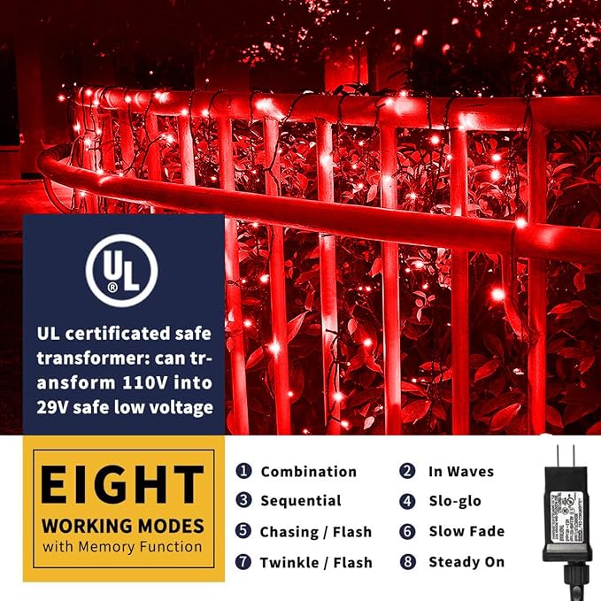 105ft 300 LED Christmas String Lights, End to End Plug 8 Modes | Christmas Lights UL Certified - Outdoor Indoor Fairy Light Christma s Tree, Patio, Garden, Party, Wedding, Holiday (Red)