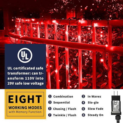 105ft 300 LED Christmas String Lights, End to End Plug 8 Modes | Christmas Lights UL Certified - Outdoor Indoor Fairy Light Christma s Tree, Patio, Garden, Party, Wedding, Holiday (Red)