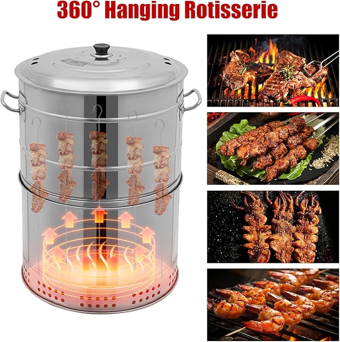 LARIDE Charcoal Grills Stainless Steel Ultra-Portable Smoker Grill for Outdoors, Camping and Home BBQ 16.14” Diameter, 360° Rotating Hanging BBQ with 50 Skewers barril para asar carne