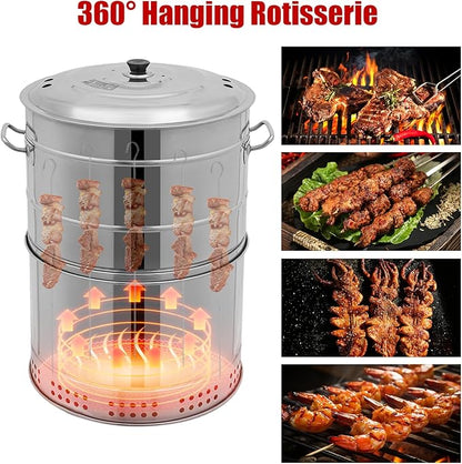 LARIDE Charcoal Grills Stainless Steel Ultra-Portable Smoker Grill for Outdoors, Camping and Home BBQ 16.14” Diameter, 360° Rotating Hanging BBQ with 50 Skewers barril para asar carne