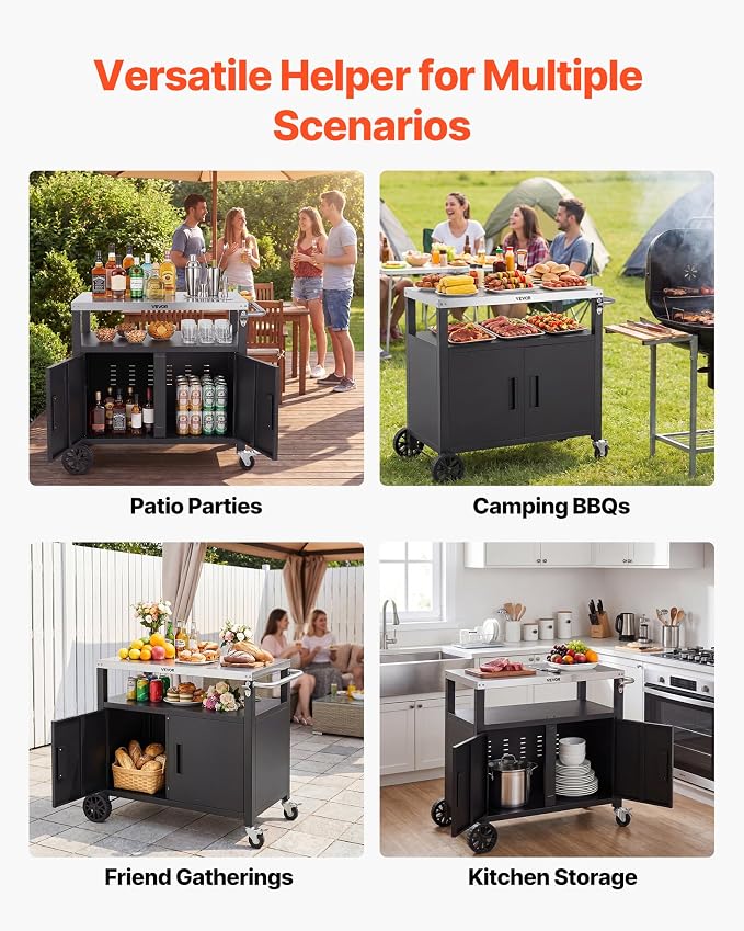 VEVOR Outdoor Grill Cart with Storage Cabinet, 36.4 Inch Grill Table, Waterproof Kitchen Island with Stainless Steel Top, Shelf, and Wheels, Movable Food Prep Station for Patio Bar Backyard BBQ