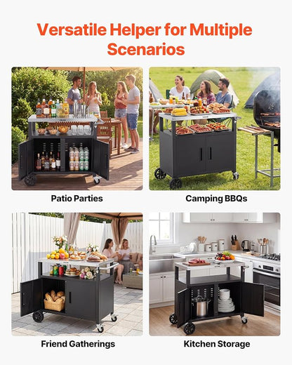 VEVOR Outdoor Grill Cart with Storage Cabinet, 36.4 Inch Grill Table, Waterproof Kitchen Island with Stainless Steel Top, Shelf, and Wheels, Movable Food Prep Station for Patio Bar Backyard BBQ