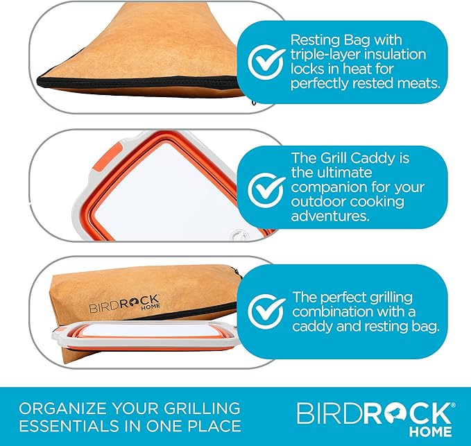 BIRDROCK HOME Collapsible Large BBQ Prep Tub & BBQ Resting Bag - Multi-Function Grill Caddy w/Colander & Lid, Portable Silicone Dish Bowl for Picnic, Tailgate, Camping - Orange & Brown