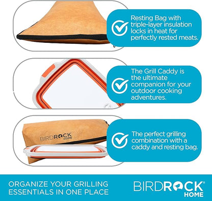 BIRDROCK HOME Collapsible Large BBQ Prep Tub & BBQ Resting Bag - Multi-Function Grill Caddy w/Colander & Lid, Portable Silicone Dish Bowl for Picnic, Tailgate, Camping - Orange & Brown