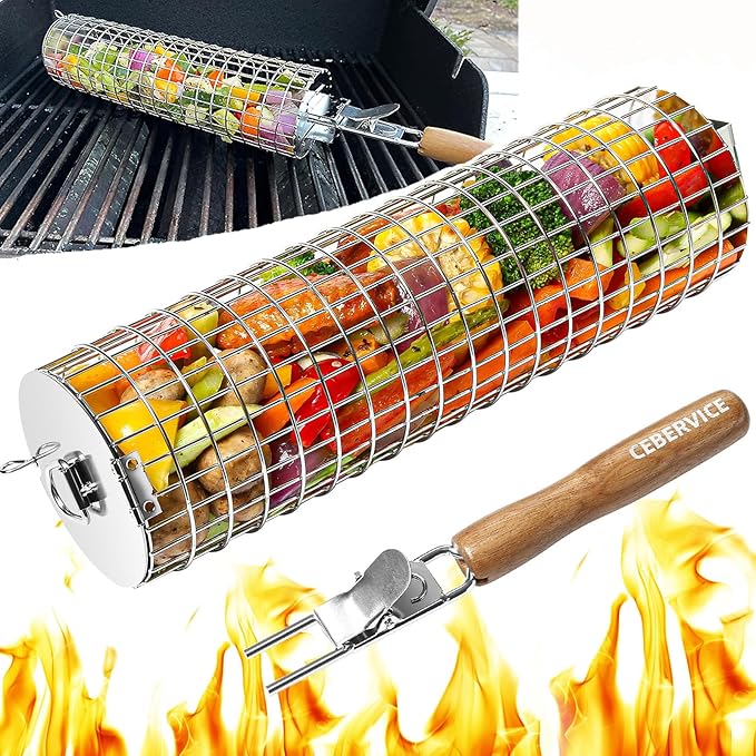 Rolling Grill Basket, SUS304 Stainless Steel, Removable Wooden Handle, Round Cylinder BBQ Grilling Basket, Outdoor Cooking Griller, Smoker Accessories for Vegetable, Gifts for Men Dad