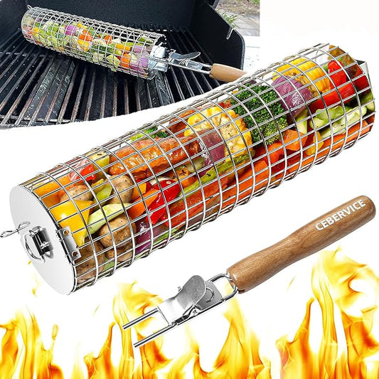 Rolling Grill Basket, SUS304 Stainless Steel, Removable Wooden Handle, Round Cylinder BBQ Grilling Basket, Outdoor Cooking Griller, Smoker Accessories for Vegetable, Gifts for Men Dad