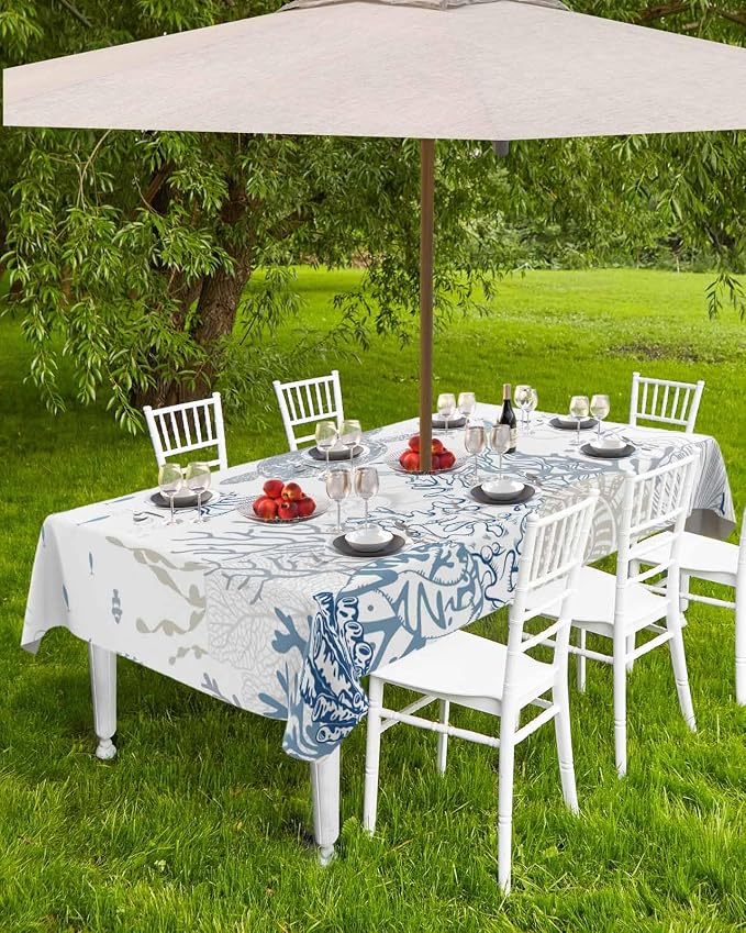 Blue Coastal Outdoor Tablecloth - 60x120 Inch Rectangle Waterproof Dining Table Cover, Nautical Summer Beach Sea Turtle Coral Outdoor Table Cloth with Umbrella Hole & Zipper for Patio