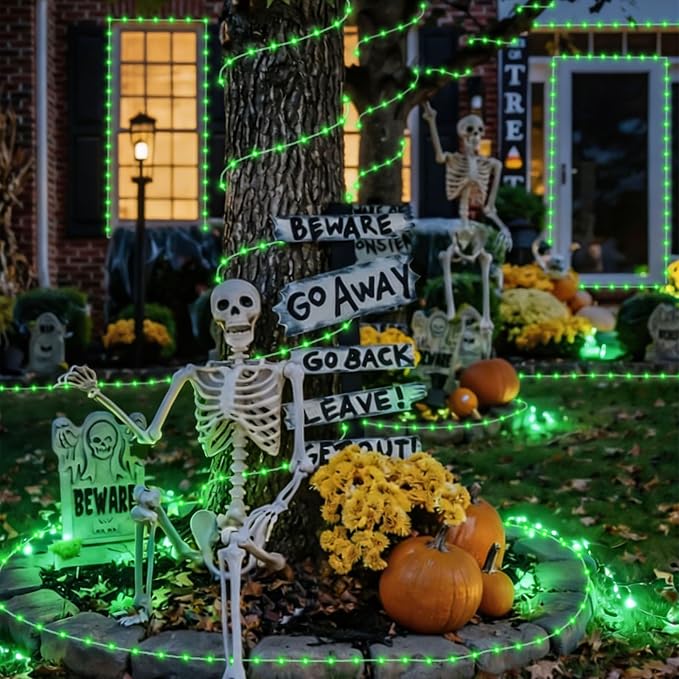 YEGUO Green Solar Halloween Lights, 66ft 200 LED Solar Rope Lights Outdoor Waterproof, 8 Modes Fairy Lights in Clear Thin Tube