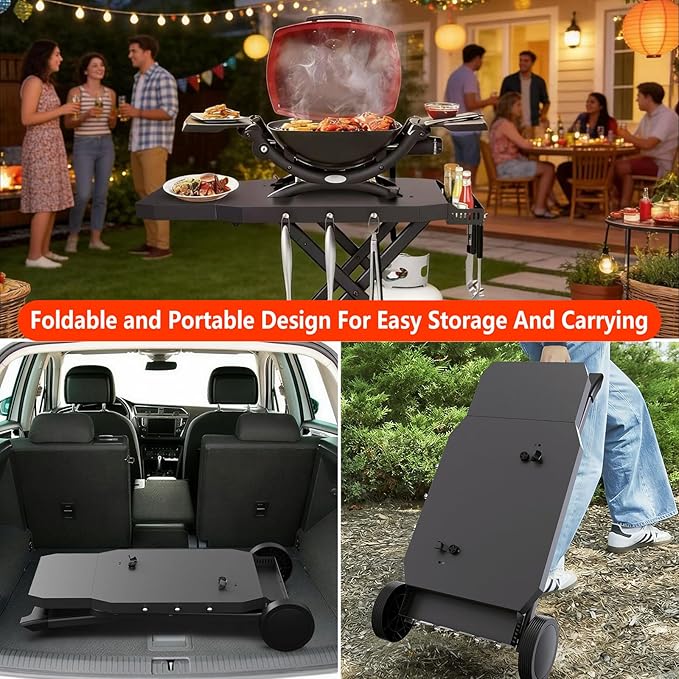 Upgraded Portable Grill Cart for Weber Q1200, Q1000, Q2200, Q2000, Q2400, Foldable Cart for Weber Q Series Gas Grills, Outdoor BBQ Stand with Propane Tank Holder for Travel and Camping