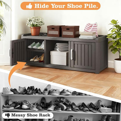 NUNU LAB Resin Shoe Cabinet,Waterproof Shoe Storage Cabinet with Adjustable Shelves,Entryway Storage Bench with Seat,Shoe Bench with Doors for Foyer,Hallway,Living Room (Grey, 2-Door Big)