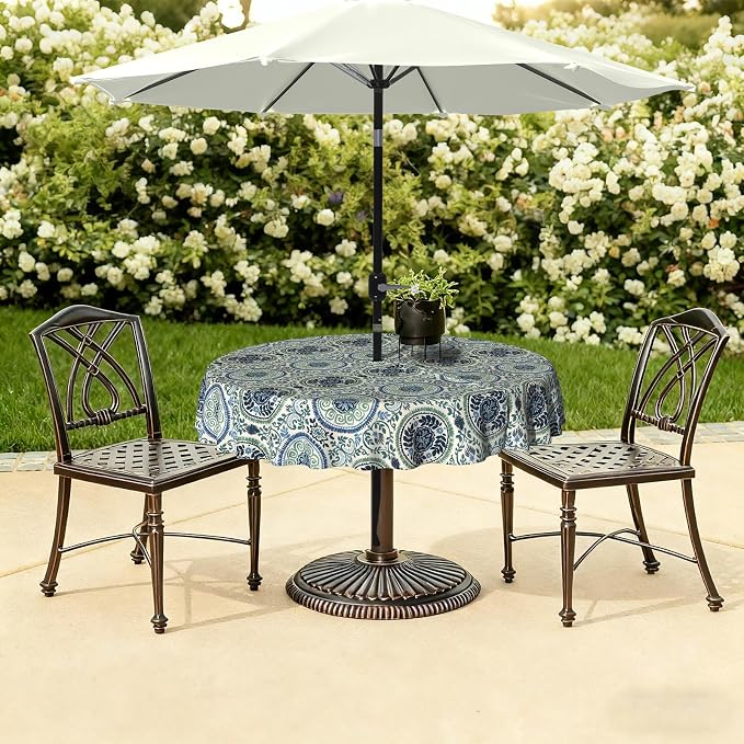 LVTXIII Round Outdoor Tablecloth with Umbrella Hole and Zipper, Water-Repellent 60 Inch Patio Table Cover for Bistro, Garden, Patio & Picnic, Coastal Medallion