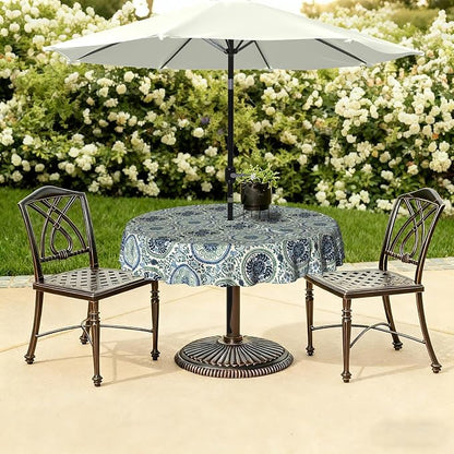 LVTXIII Round Outdoor Tablecloth with Umbrella Hole and Zipper, Water-Repellent 60 Inch Patio Table Cover for Bistro, Garden, Patio & Picnic, Coastal Medallion