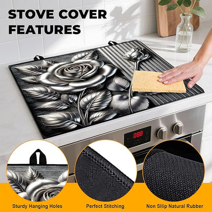 Silver Rose Stove Top Cover Retro Flower Gas Stove Top Cover for Home Decoration Kitchen Pad Non-Stick Washable Cooktop Covers Countertop Protector Keep Stove Clean 28"x20"