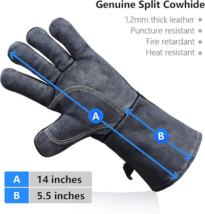 OZERO 14 Inch Heat Resistant Welding Gloves, 20% Thicker Split Cowhide EN407 Certified Fire Gloves 932℉ for Grill Oven Fireplace-Gray