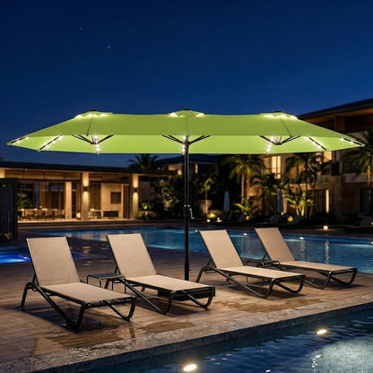 15ft Large Patio Umbrella with Solar Lights and Base, Double-Sided Outdoor Rectangle Umbrella with 48 LED Lights, Market Table Umbrellas with UV Resistant Canopy