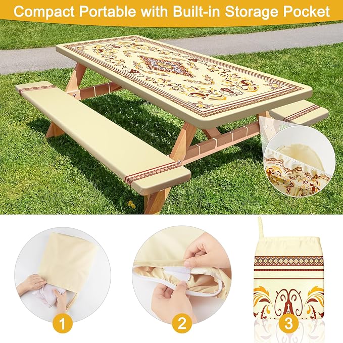 Picnic Table and Bench Cover Set, Waterproof Fitted Elastic Cloth | Portable Camping Essentials With Built-In Storage Pocket And Waterproof Fabric For Outdoor RV Or Picnic Table Use