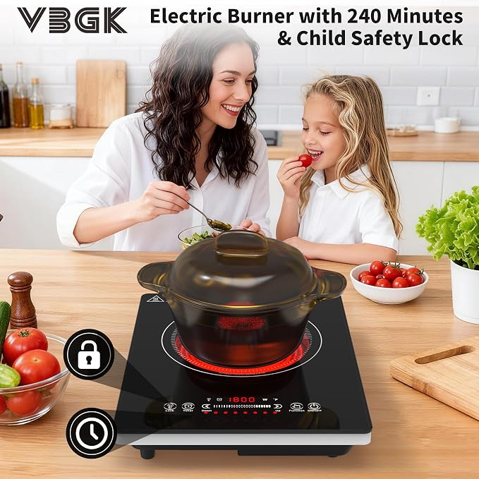 VBGK Single Burner Electric Cooktop,110V 1800W Electric Stove Top with LED Touch Control,8 Power Levels, 4HTimer, Safety Lock, portable cooktop Overheat protection