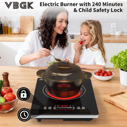 VBGK Single Burner Electric Cooktop,110V 1800W Electric Stove Top with LED Touch Control,8 Power Levels, 4HTimer, Safety Lock, portable cooktop Overheat protection