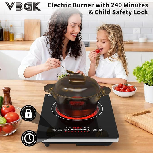 VBGK Single Burner Electric Cooktop,110V 1800W Electric Stove Top with LED Touch Control,8 Power Levels, 4HTimer, Safety Lock, portable cooktop Overheat protection