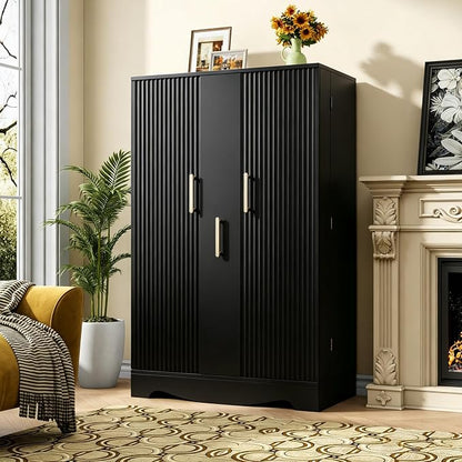 kepptory 47“ Black Kitchen Pantry Cabinet with 3 Doors, Adjustable Shelves, | Pull-Out Side Spice Racks, Freestanding Food Storage Cupboard for Kitchen, Dining Room, Living Room