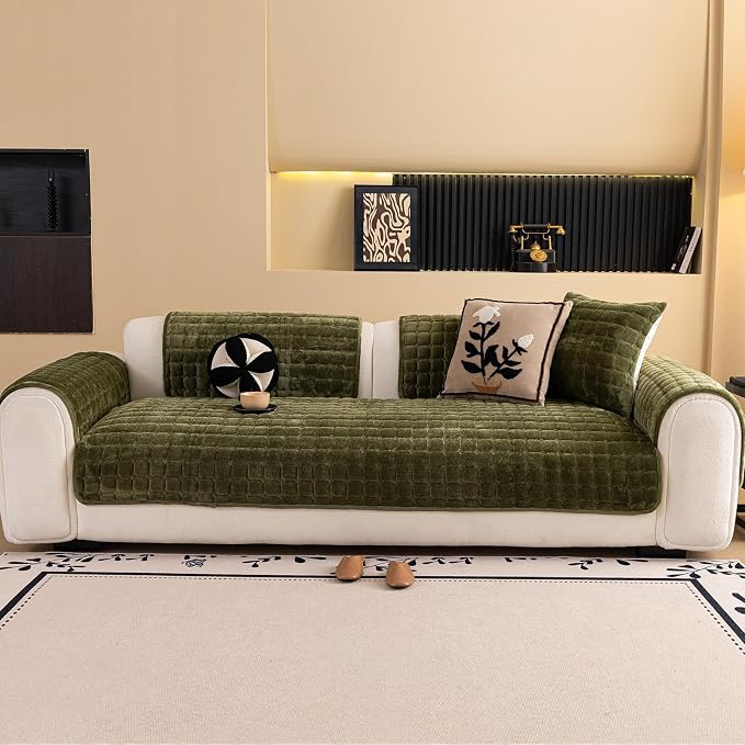 Velvet Couch Cover, Washable Sectional Sofa Cover, Anti Slip Sofa Slipcover for 3 Cushion Couch Sofa L Shaped Armrest Backrest, Furniture Protector Covers for Pets Kids(1PC,Green,36"×47")