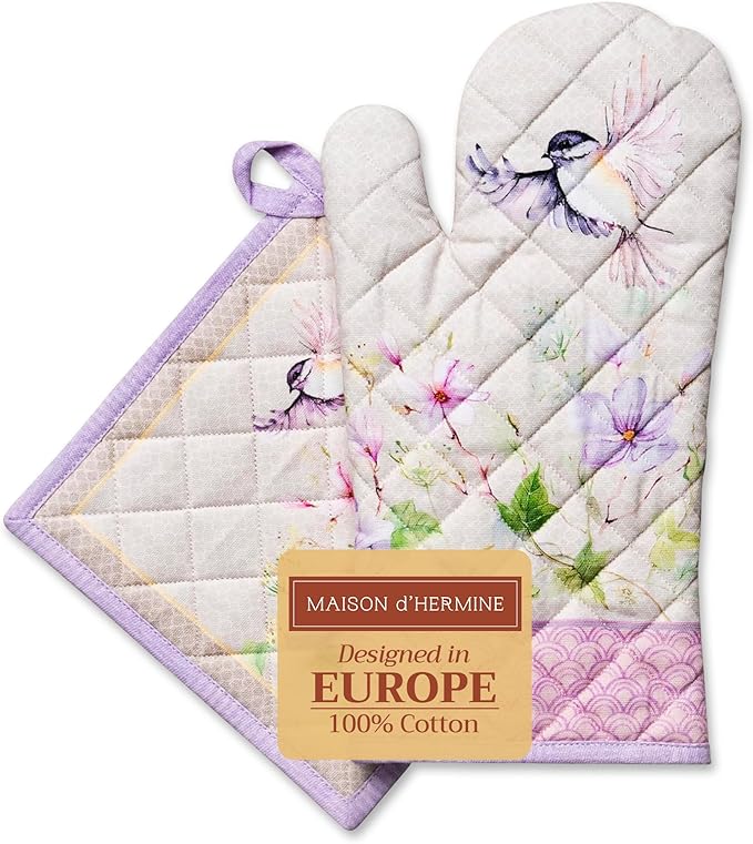 Maison d' Hermine 100% Cotton Oven Mitt & Pot Holder Set (7.5"x13" & 8"x8") Heat Resistant BBQ Cooking Gloves with Loop Baking Grilling Kitchen Hotel Home Farmhouse Spring Summer (Magnolia Mornings)
