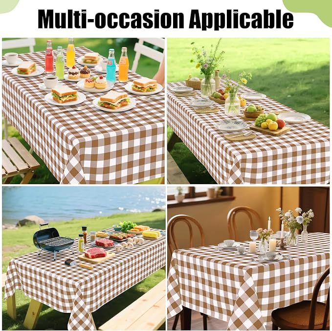 Smiry Picnic Table Cloth, Vinyl Tablecloths with Flannel Backing, 70"x108" | Waterproof Rectangle Table Cloth, Wipeable Buffalo Plaid Table Cover for Indoor and Outdoor (Brown & White)