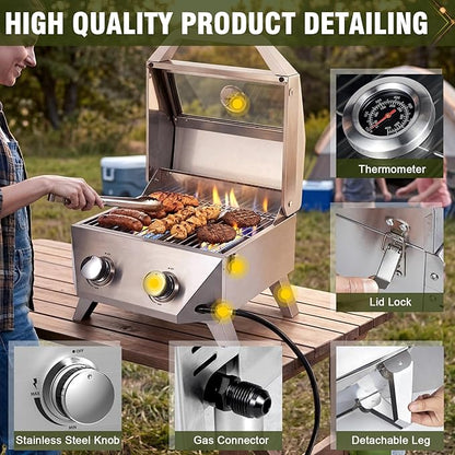 Bestfire 2-Burner Tabletop Gas Grill with Viewing Glass Lid, 20,000 BTU Stainless Steel Portable Propane BBQ Grill, Built-in Thermometer & Push-Button Ignition, for Outdoor Camping, RV, Tailgating