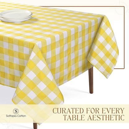 Lemon Yellow and White Buffalo Check Tablecloth, 60x102 Inches, Plaid Dining Table Cover, 100% Cotton, Washable, Reusable Table Linen for Holiday Gatherings, Wedding, Everyday Décor