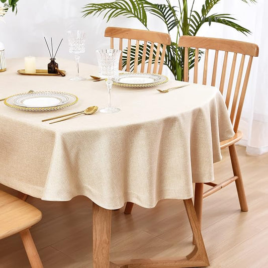 Wolkemer Faux Linen Small Oval Tablecloth Heavy Duty Wrinkle Resistant Fabric Table Cloths 52 x 70 Inch Beige Farmhouse Rustic Table Cover for Kitchen Dining Indoor Outdoor Tabletop Decoration
