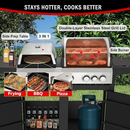MELLCOM 3 IN 1 Pizza Griddle Grill Combo, 74,000 BTU 5-Burner Stainless Steel Propane Gas Grill with Side Burner, Porcelain Enameled Cast Iron Grates, Griddle & Pizza Oven for Outdoor Patio Backyard