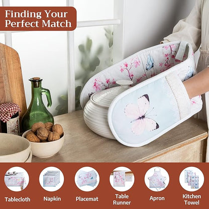 Maison d' Hermine Double Oven Mitts 100% Cotton 7"x35" Double Oven Mitt Heat Resistant BBQ Cooking Gloves with Loop Baking Grilling Kitchen Hotel Home Farmhouse Spring Summer (Blossoms in Spring)