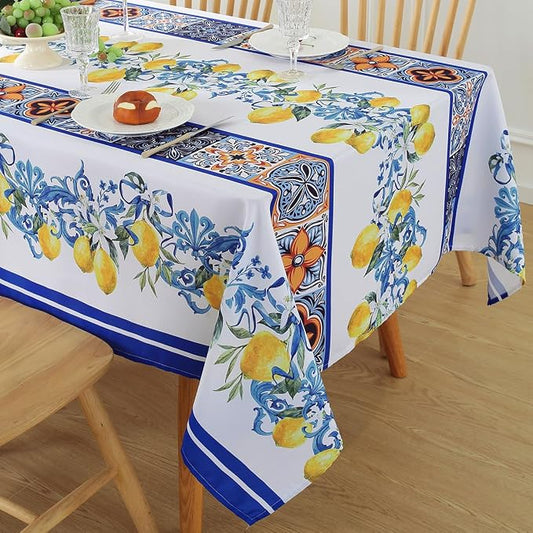 SASTYBALE Lemon Tablecloth, 52 x 70 inch Rectangular, White | Summer Tablecloths for Rectangle Tables, Spill-Proof Stain-Resistant Fabric for Dining, Party, Picnic, Indoor, Outdoor