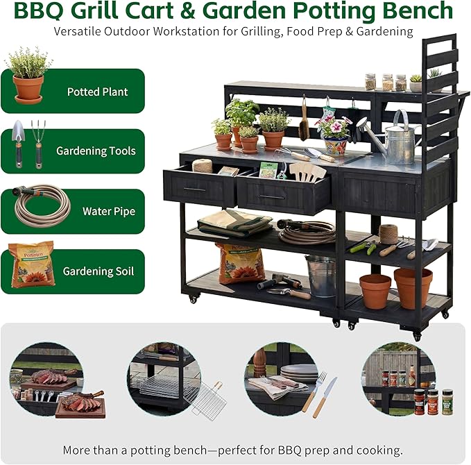 GDFStudio Elshire Patio Kitchen Island Cart with Storage, Wooden Outdoor Storage Cabinet with Stainless Steel BBQ Prep Table Top, Drawers, Raised Shelf and Lockable Wheels, Garden Potting Bench, Black
