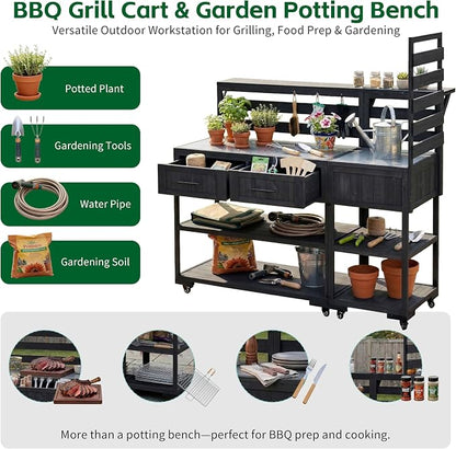 Outdoor Kitchen Cart with Stainless Steel Top, 62.3 Inch | Fir wood frame, stainless surface, raised shelf, fixed shelf, 2 lockable wheels, split-use design, BBQ prep, patio garden use
