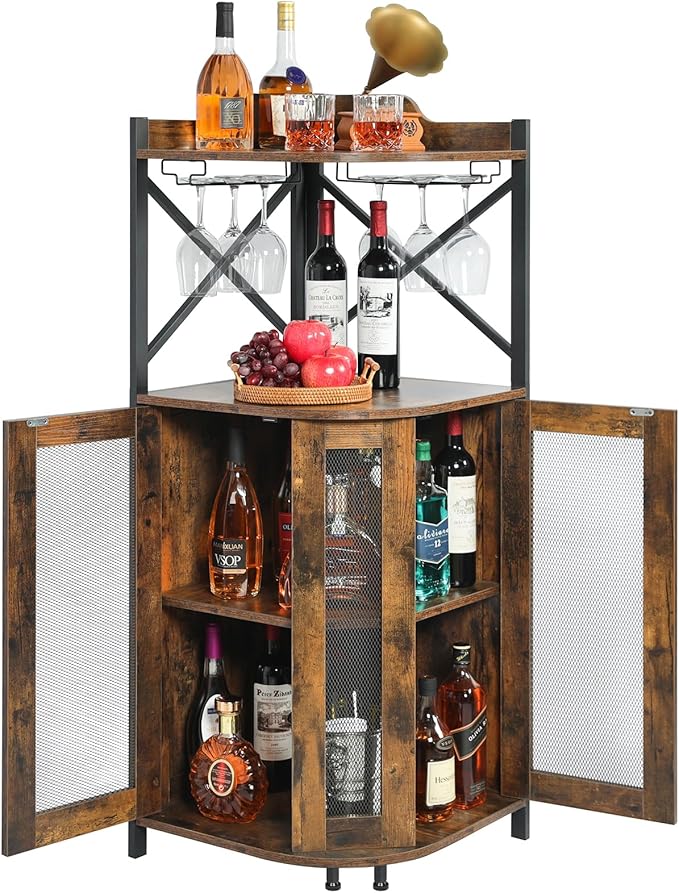 JKsmart Corner Bar Cabinet with LED Lights,Industrial Wine Cabinet with Glass Holder,4-Tier Wine Cabinet with Door and Shelf,Farmhouse Home Bar for Liquor Wine Coffee Storage,Rustic Brown
