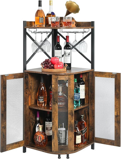 JKsmart Corner Bar Cabinet with LED Lights,Industrial Wine Cabinet with Glass Holder,4-Tier Wine Cabinet with Door and Shelf,Farmhouse Home Bar for Liquor Wine Coffee Storage,Rustic Brown