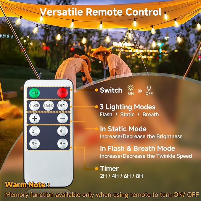 25FT Solar String Lights with Remote, 3 Lighting Mode Outdoor Waterproof Dimmable Patio Lights String with 10+1 Shatterproof S11 LED Bulbs for Backyard-Black